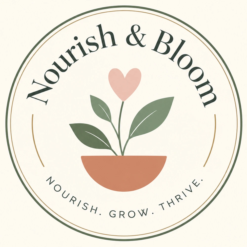 Nourish & Bloom. A heart-shaped bloom grows from a terracotta bowl. Nourish. Grow. Thrive.